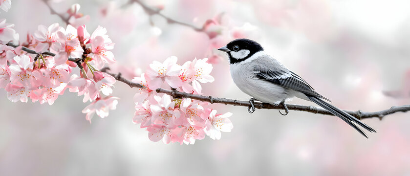 Small Bird Perched on a Branch of Delicate Pink Cherry Blossoms