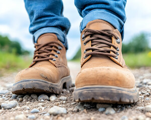 Worn brown leather boots on gravel path