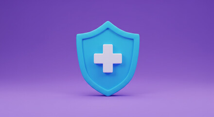 Obraz premium A strong blue shield with a white cross symbolizes health protection and safety against a calming purple backdrop.