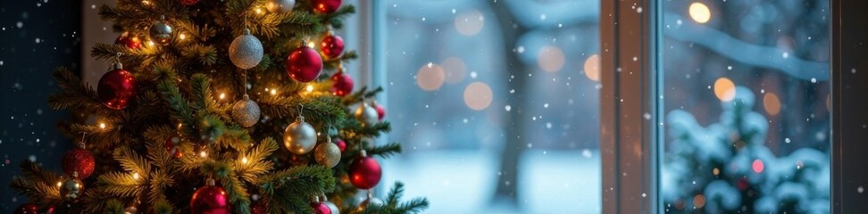 Fototapeta premium Decorated Christmas tree with colorful ornaments and lights against a snowy window background , tree, holiday