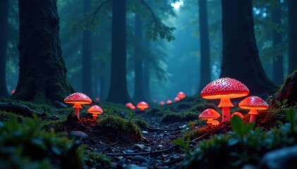 Dark forest with glowing mushrooms, ecosystem, nature, fungi