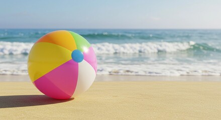 Obraz premium Colorful beach ball on the sand with the ocean and sky in the background, perfect for a fun summer vacation by the coast