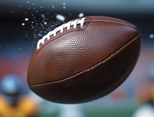 Fototapeta premium An American football flying through the air with dramatic motion, representing speed, power, and athleticism. A high-energy depiction of the intensity of football games in a stadium setting