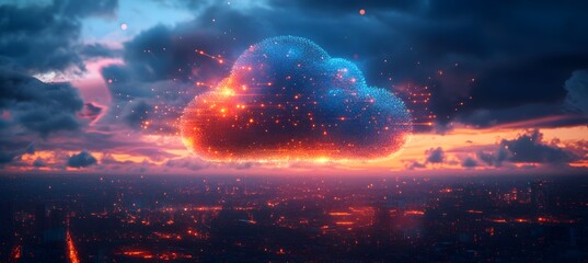 cloud computing with a speeding train on a city background,

