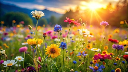 Colorful Wildflower Meadow at Sunset