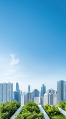Obraz premium Urban Rooftop Garden Overlooking City Skyline with Blue Sky