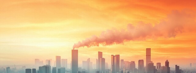 Obraz premium Urban Skyline with Smoky Pollution at Sunset Over Cityscape Scene