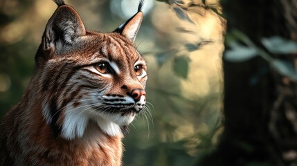 Obraz premium Close-up of Focused Lynx in Forest Sunlight Looking to the Side