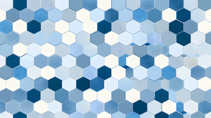 A pattern of hexagonal tiles in varying shades of blue and white.