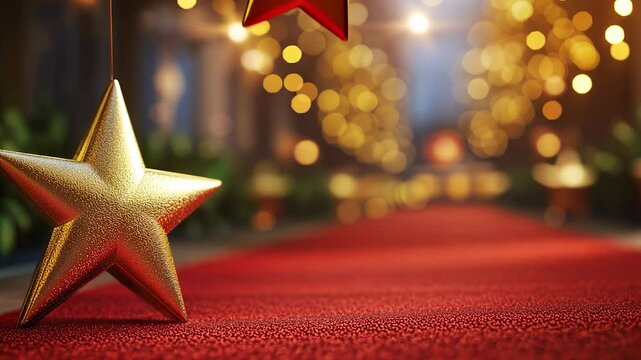 Star award on red carpet. A star stands in a blurred background. A red light glares at the carpet. "celebrity recognition on a lifestyle crimson runway. ".