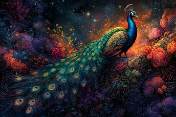 Fototapeta premium A Beautiful Peacock Perched Amidst Colorful Flourishing Floral Elements