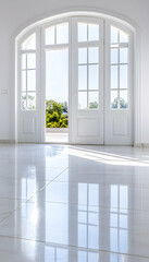 Bright, open arched doorway with white double doors leading to a sunlit patio  Reflective polished floors