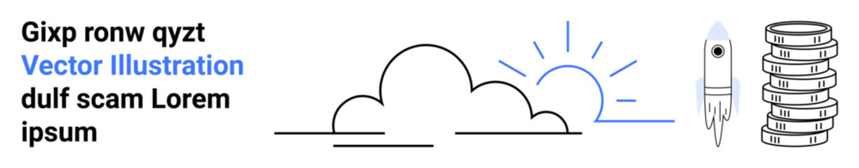 Minimalist clouds with a rising sun evoke hope. Rocket suggests progress, stacked coins symbolize prosperity. Ideal for technology, business, finance, startup, inspiration, innovation simple landing