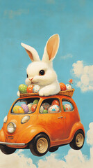 Adorable Easter Bunny in a Flying Car Filled with Eggs
