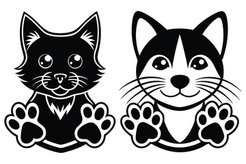 Obraz premium Cat and Dog Face Silhouettes with Paw Prints: Black Vector Illustrations