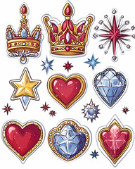 Collection of cartoon jeweled crowns, hearts, stars, and gems