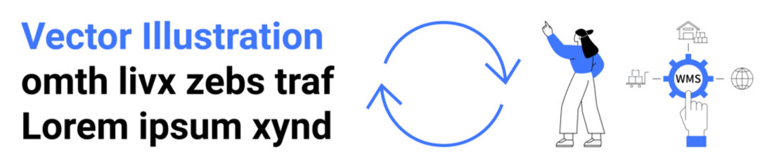 Female character gestures toward workflow diagram with circular arrows, depicted alongside a hand interacting with a cloud-based system. Ideal for workflow management, process optimization, cloud