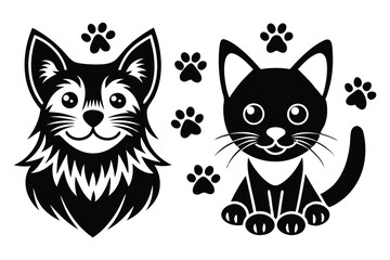 Fototapeta premium Cat and Dog Face Silhouettes with Paw Prints: Black Vector Illustrations