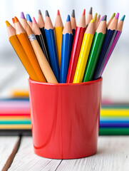 Colorful pencils in a red cup on a white table