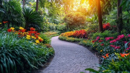 Fototapeta premium Winding path through vibrant garden at sunrise