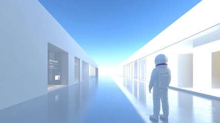 Obraz premium Astronaut Exploring Futuristic Shopping Arcade