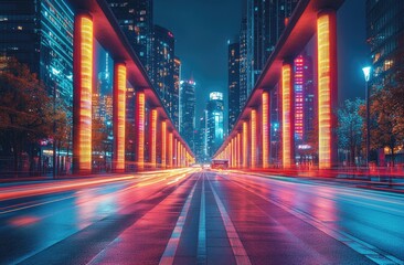 Fototapeta premium Night City Street with Vibrant Lights and Wet Road