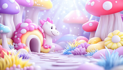 Cute cartoon dragon in magical pastel mushroom forest