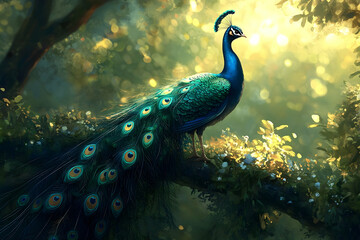 Fototapeta premium A beautiful peacock perched gracefully upon a tree branch