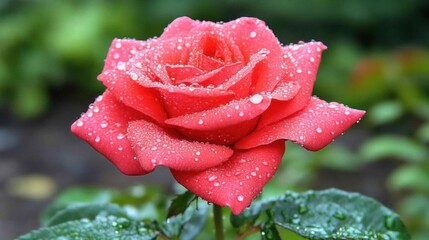 Dew-kissed rose, garden bloom, rain background, floral greeting card