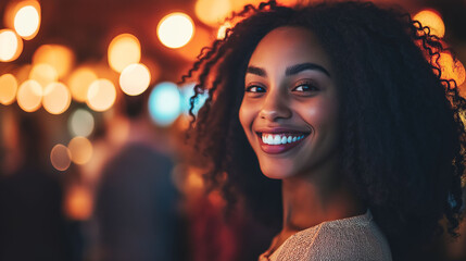 Fototapeta premium Portrait of a beautiful, smiling African American woman in her late thirties, with curly hair, at night outside a bar with friends.