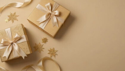 Two wrapped gifts with ribbons and star decorations on a beige surface. Modern and premium design for a greeting or background design.
