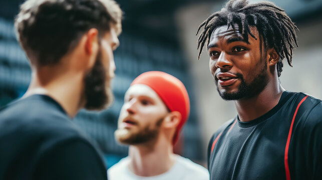 Three diverse basketball players talking in front of a court