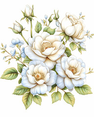 Elegant bouquet of white roses and buds, detailed illustration