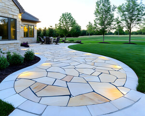 Elegant curved patio with flagstone paving, integrated lighting, and lush landscaping