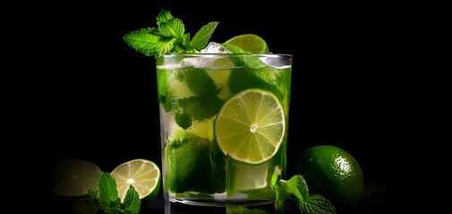 Refreshing drink: A glass filled with a vibrant mix of fresh mint, sliced lime, and ice, set against a dark background for a cool and zesty visual.