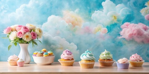 Pastel Cupcakes and Roses Before a Dreamy Cloudscape
