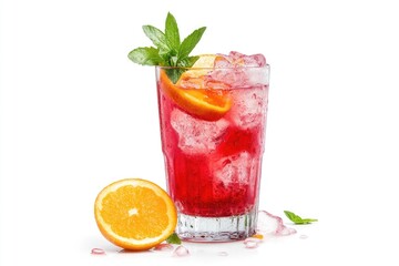Refreshing Red Cocktail with Orange and Mint on White Background