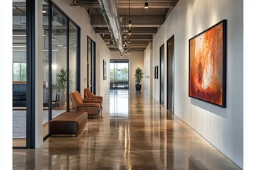 Modern office hallway with abstract art and inviting seating areas