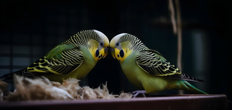 Two beautiful green and yellow parakeets facing each other, appearing as if they are about to kiss, creating a heartwarming moment.