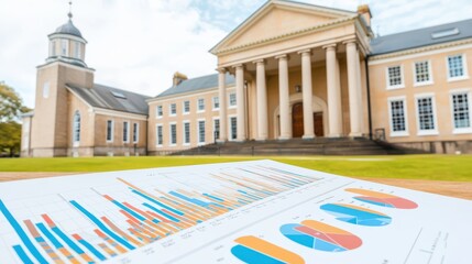 Data analysis presentation at historic university business insights outdoor academic environment aerial view