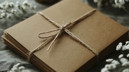 Delicate brown paper stack tied with twine, accompanied by dainty blossoms