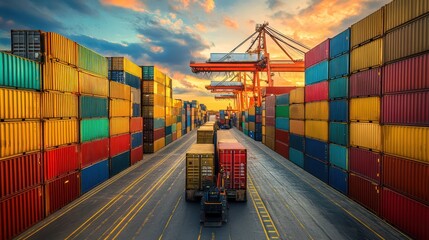Fototapeta premium Container port sunset, forklift transport, cargo, global trade, shipping
