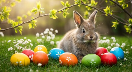  harmonious scattering of eggs painted with watercolor designs, resting among dewy grass and small white blossoms. Sunlight cascades gently through leafy branches above, adding depth and natural warm