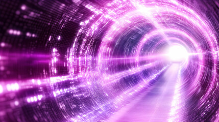 Fototapeta premium Glowing purple digital tunnel with light at the end