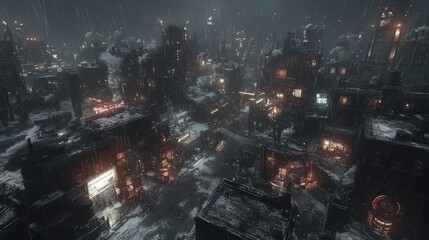 Rain-swept Cityscape: A Dark, Industrial Metropolis Under a Snowy Night