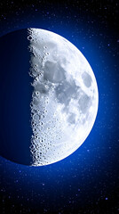 Half moon, craters, stars, night sky, celestial