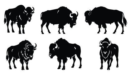 Naklejka premium Bison Silhouettes Collection: Black Vector Illustrations of Wild Buffalo
