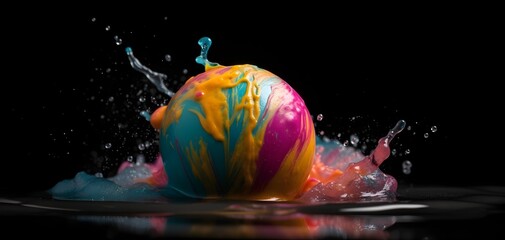 Captivating high-speed shot of a sphere adorned with vibrant paints, suspended in time amidst a mesmerizing splash against a stark black backdrop.