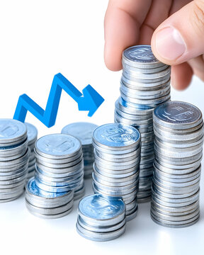 Hand placing coin on stacks, showing decreasing financial graph