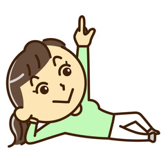 寝転んで上を指差す女性